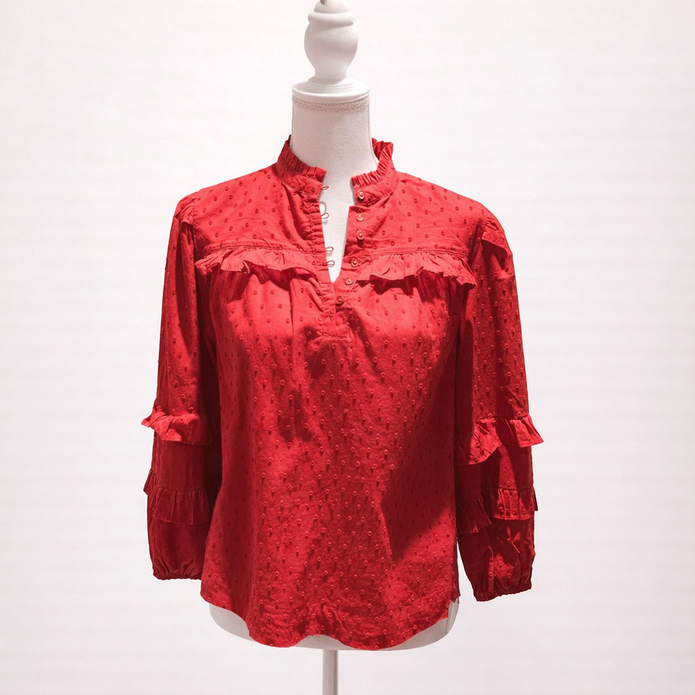 Red Ruffle Blouse Womens Medium Boho Romantic Cottagecore India Cotton